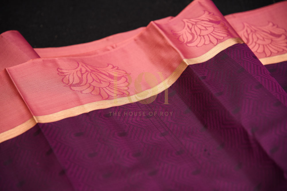 Pure Purple Silk Saree with Peachish Pink Border