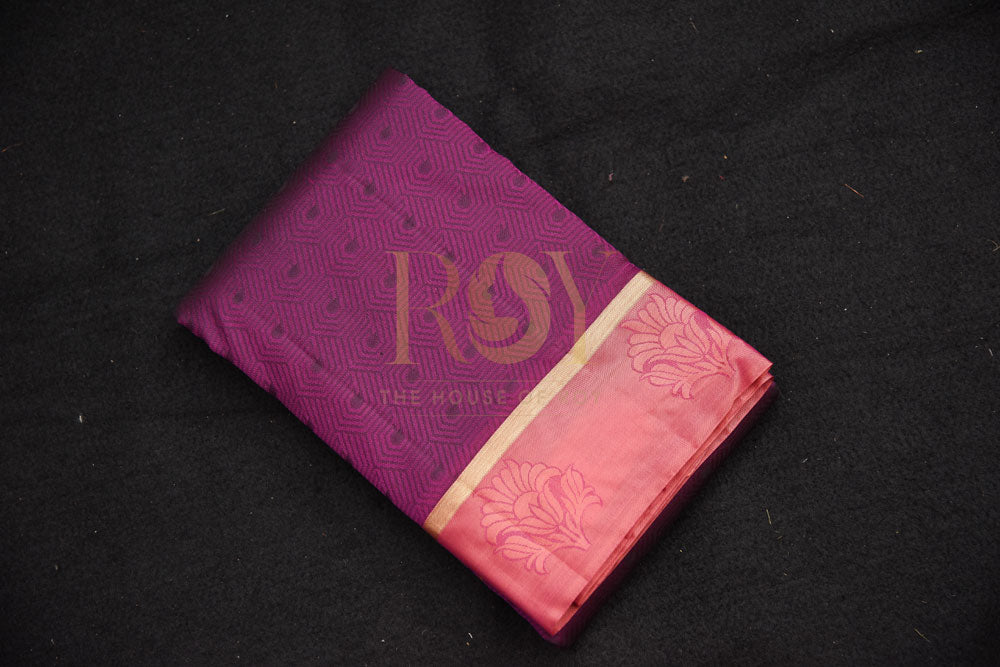 Pure Purple Silk Saree with Peachish Pink Border