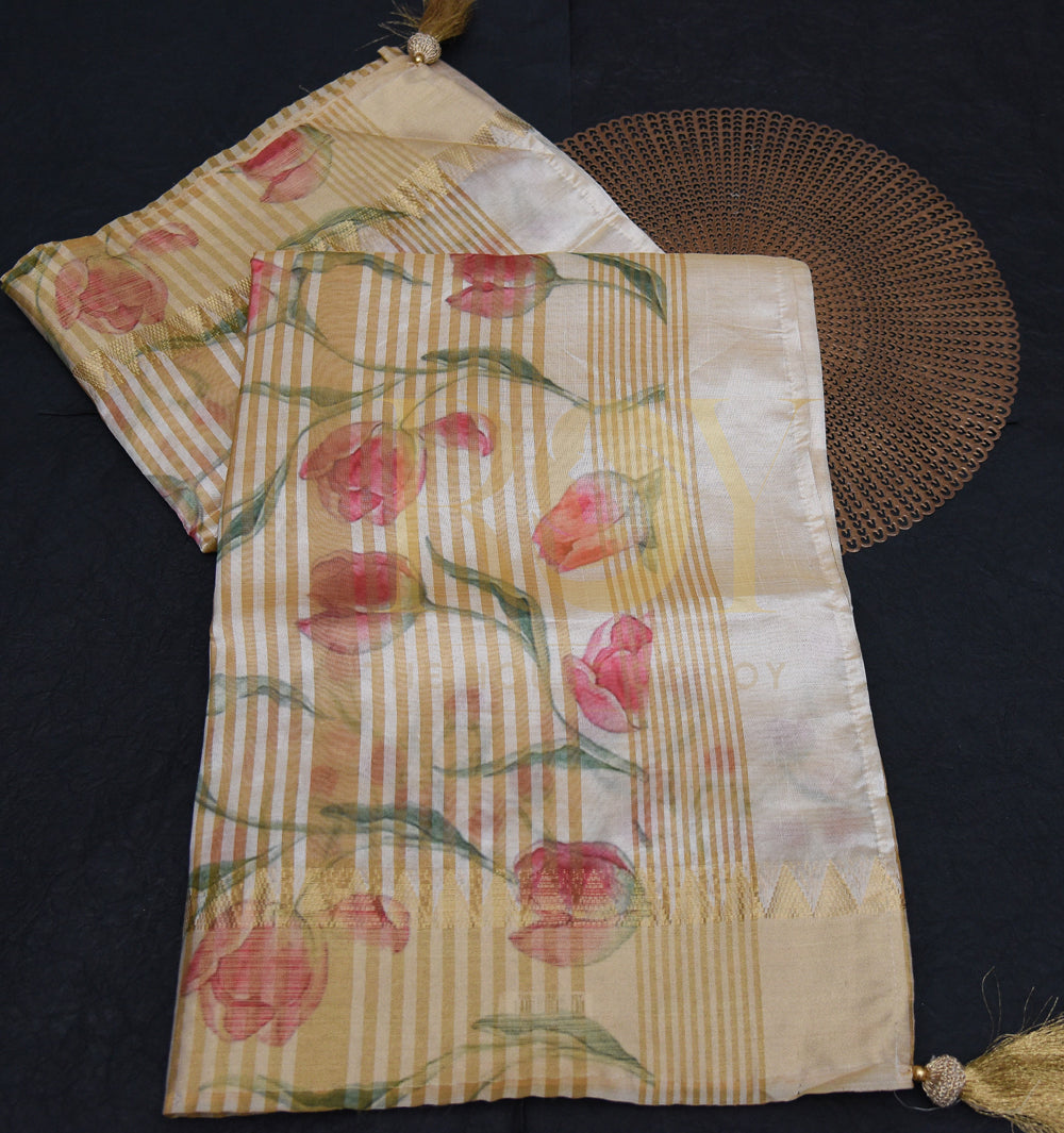 Raw Silk Kasavu Saree with Digital Floral (Tulip) Print & Zari