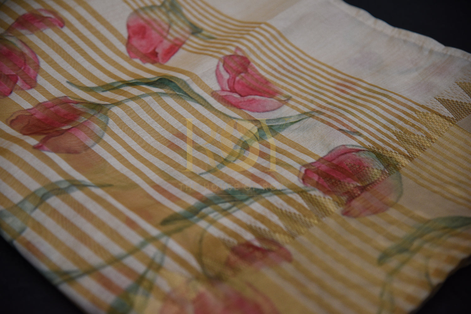 Raw Silk Kasavu Saree with Digital Floral (Tulip) Print & Zari