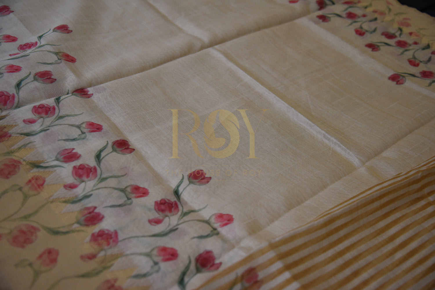 Raw Silk Kasavu Saree with Digital Floral (Tulip) Print & Zari
