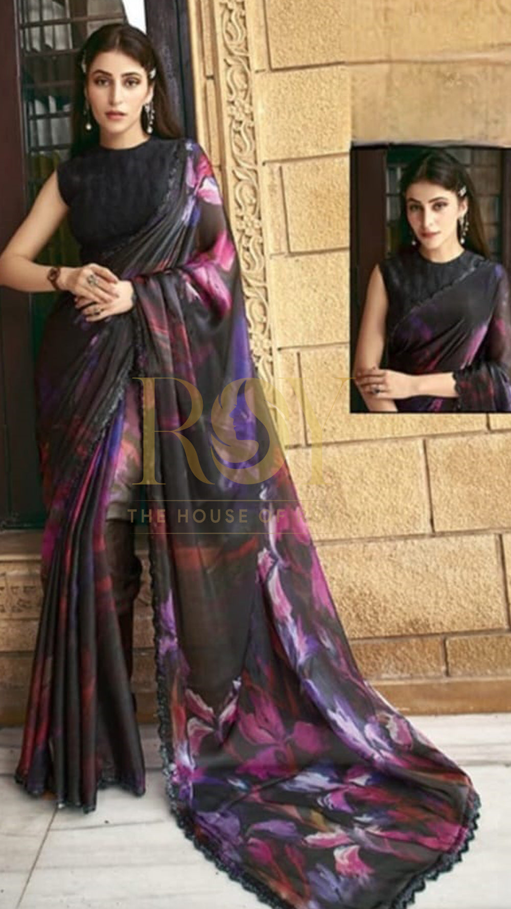 Digital Print Black Saree