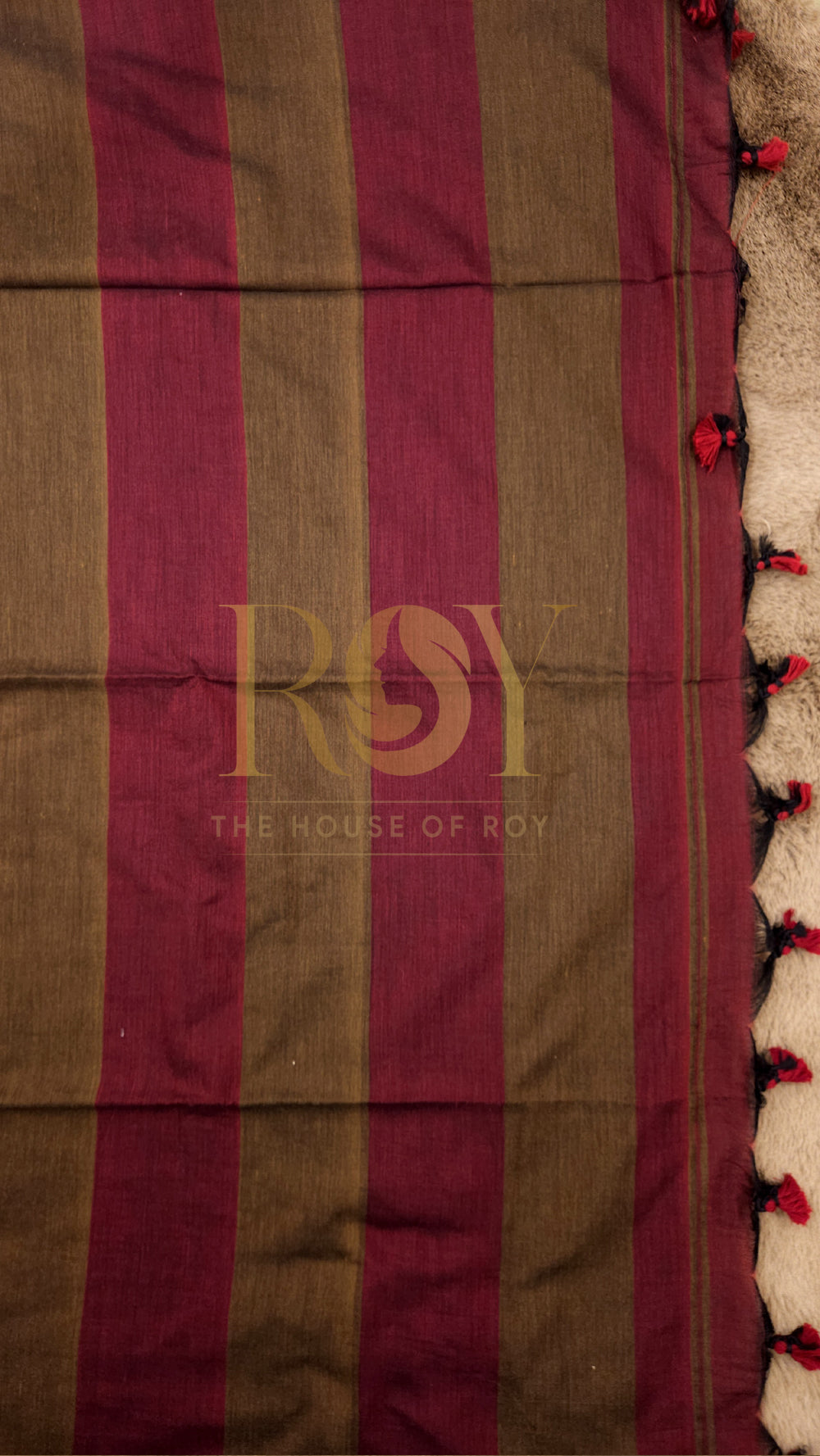 Maroon & Brown Striped Khadi Mul Cotton Saree
