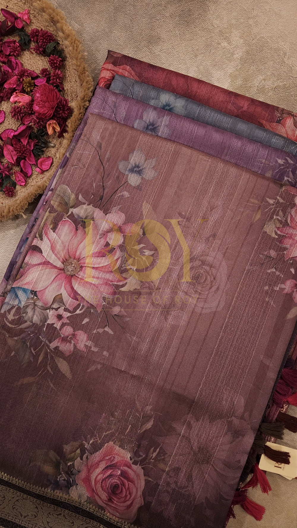 Rust Floral Print Chandheri Saree