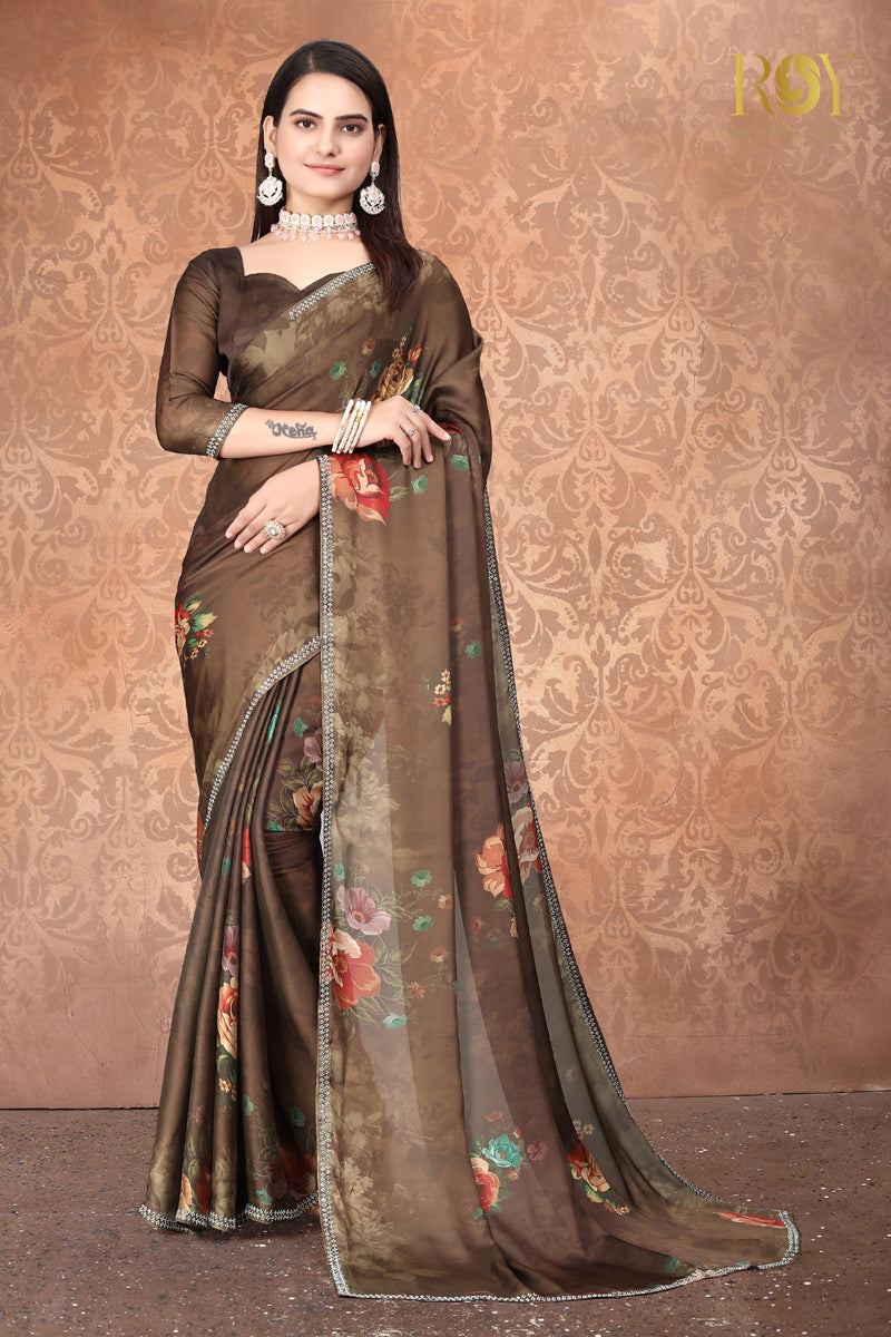 Satin Fancy Saree in Dusty Brown