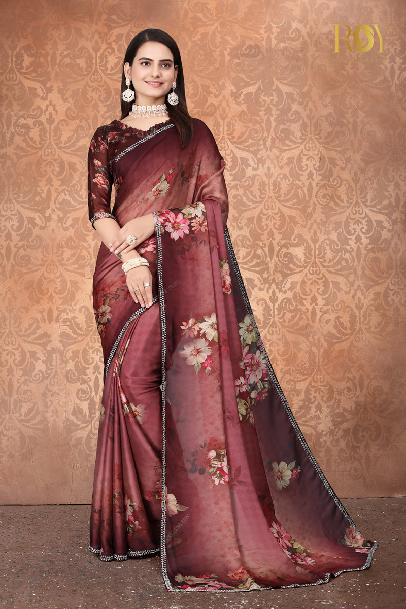 Satin Fancy Saree - Burgundy