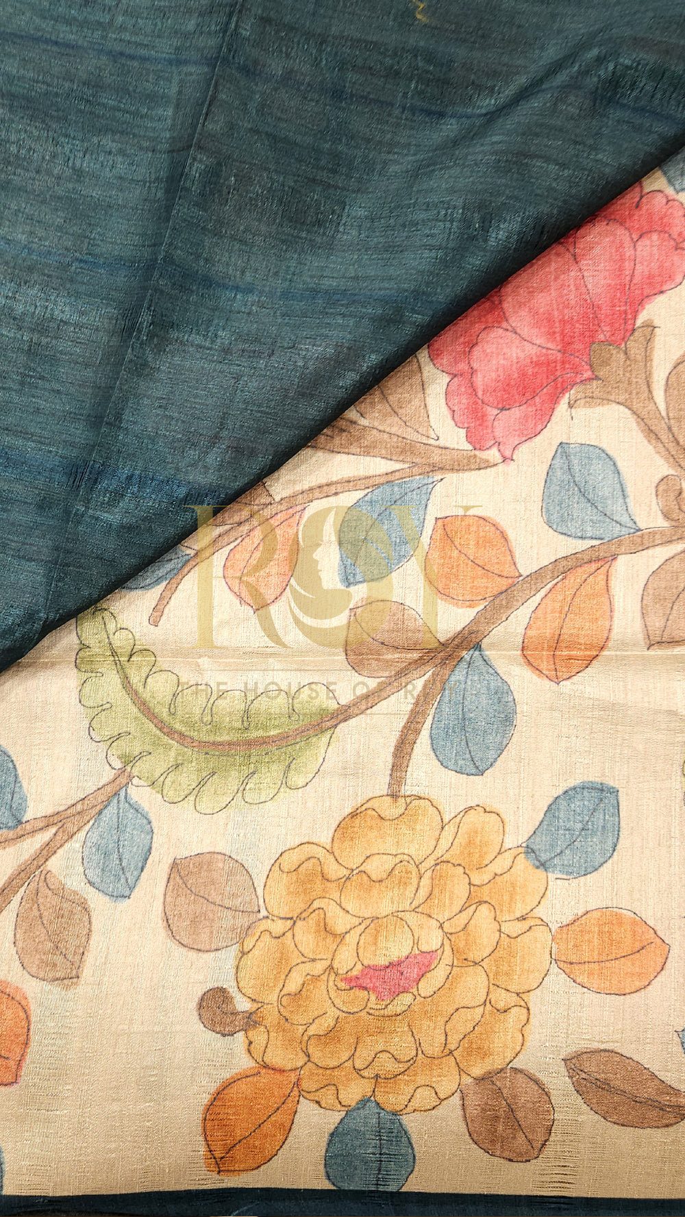 Teal Blue Kalamkari Print Mix Tussar Saree