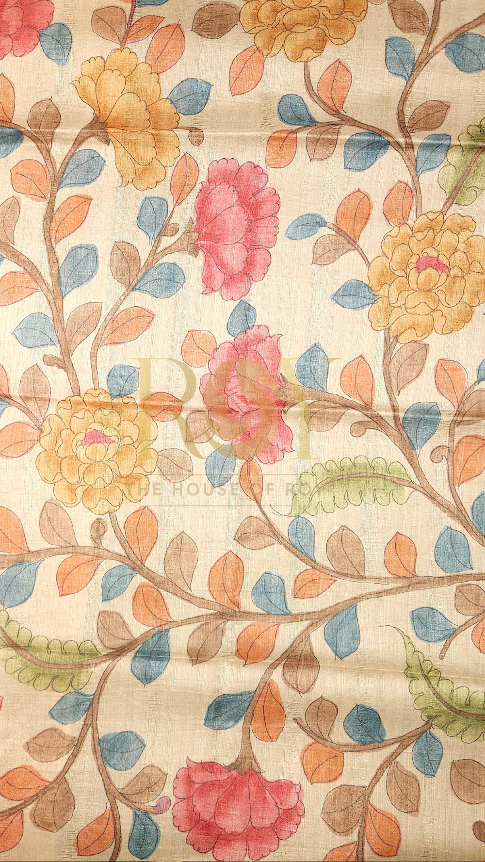 Teal Blue Kalamkari Print Mix Tussar Saree