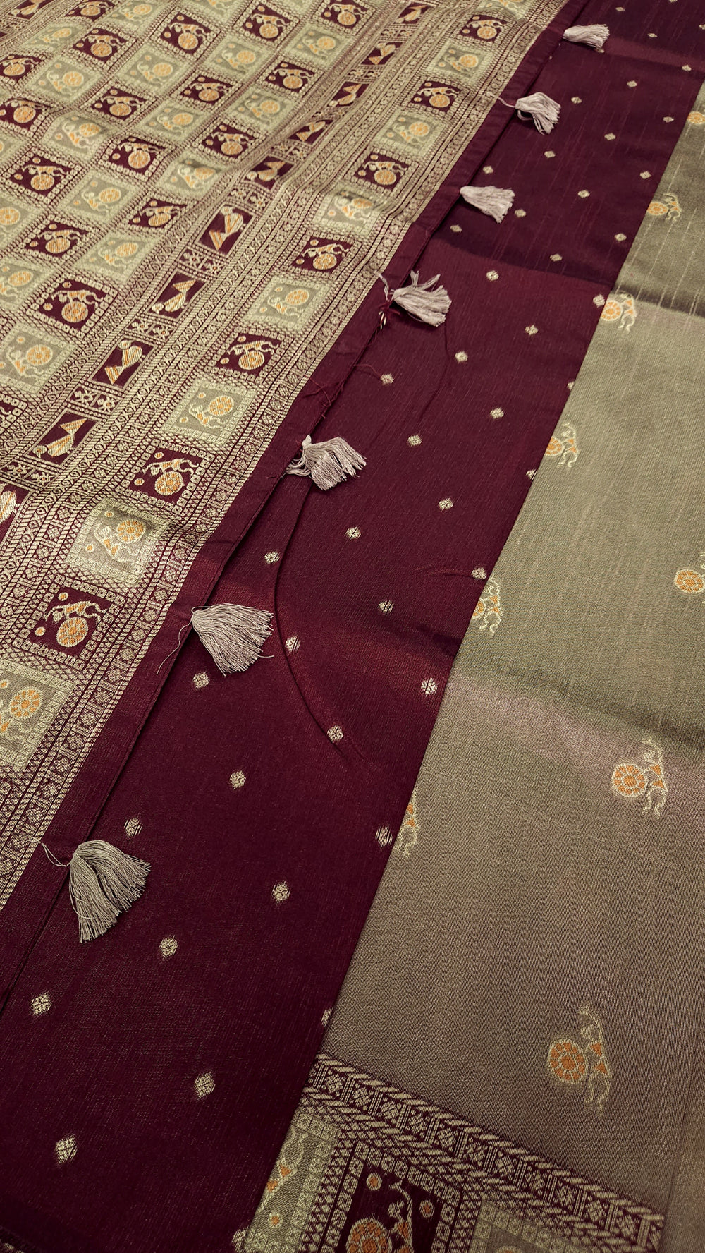 Warli Art Inspired Ivory Maroon Cotton Saree