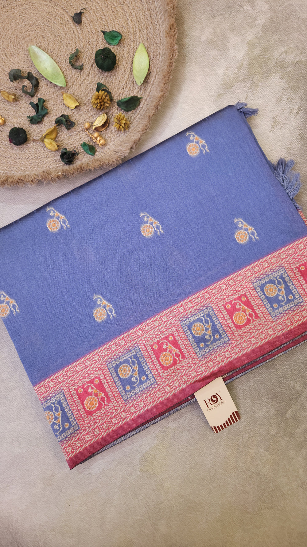 Warli Art Inspired Navy Blue & Red Cotton Saree