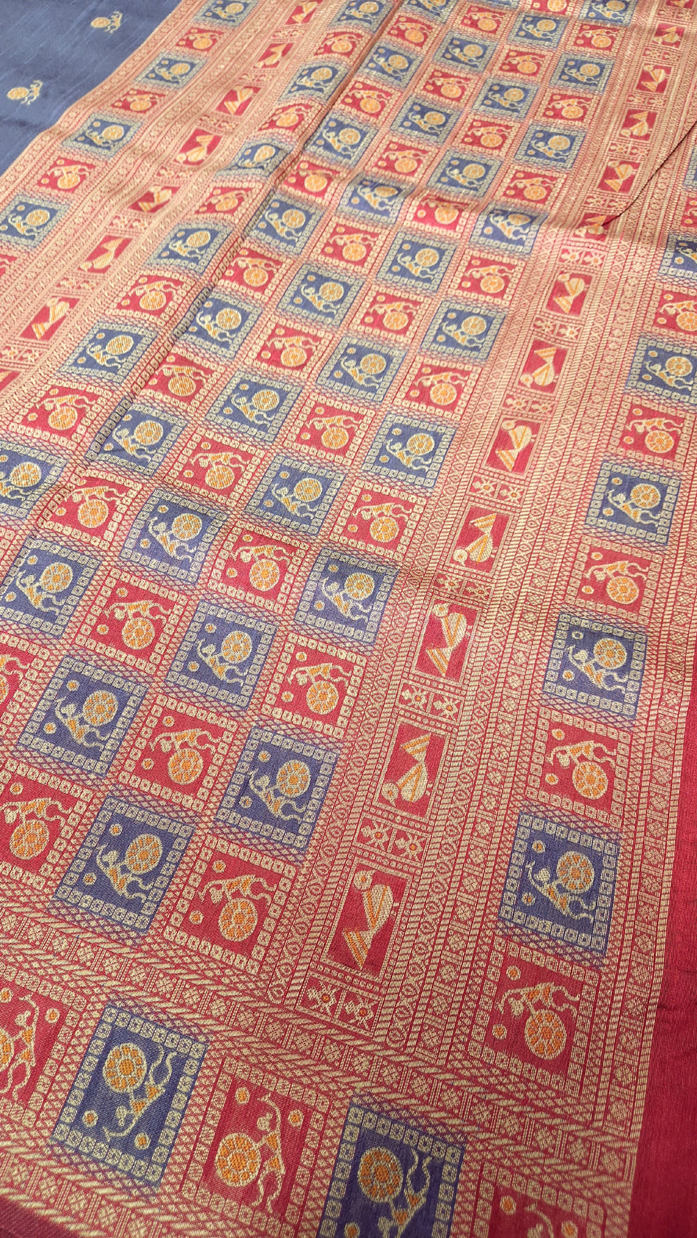 Warli Art Inspired Navy Blue & Red Cotton Saree