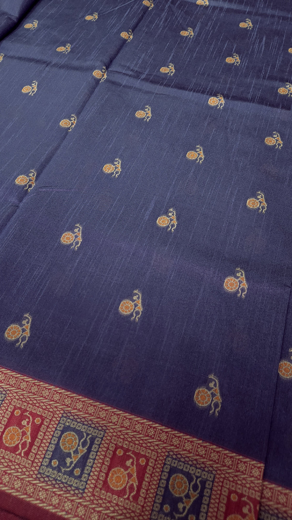 Warli Art Inspired Navy Blue & Red Cotton Saree