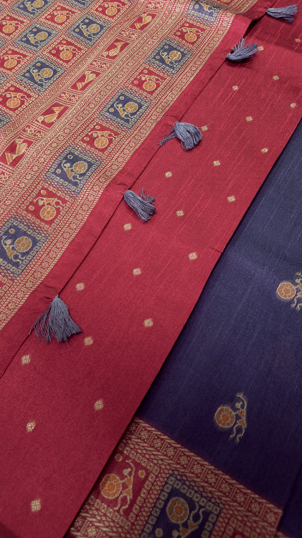 Warli Art Inspired Navy Blue & Red Cotton Saree