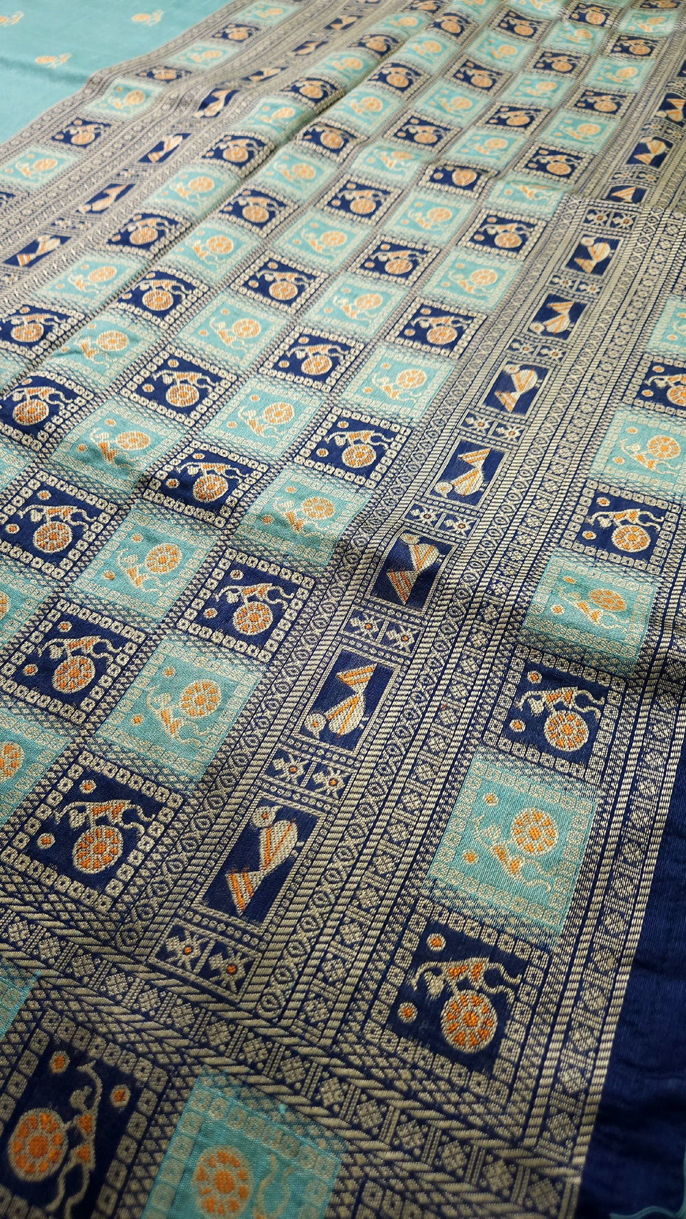 Warli Art Inspired Turquoise Cotton Saree