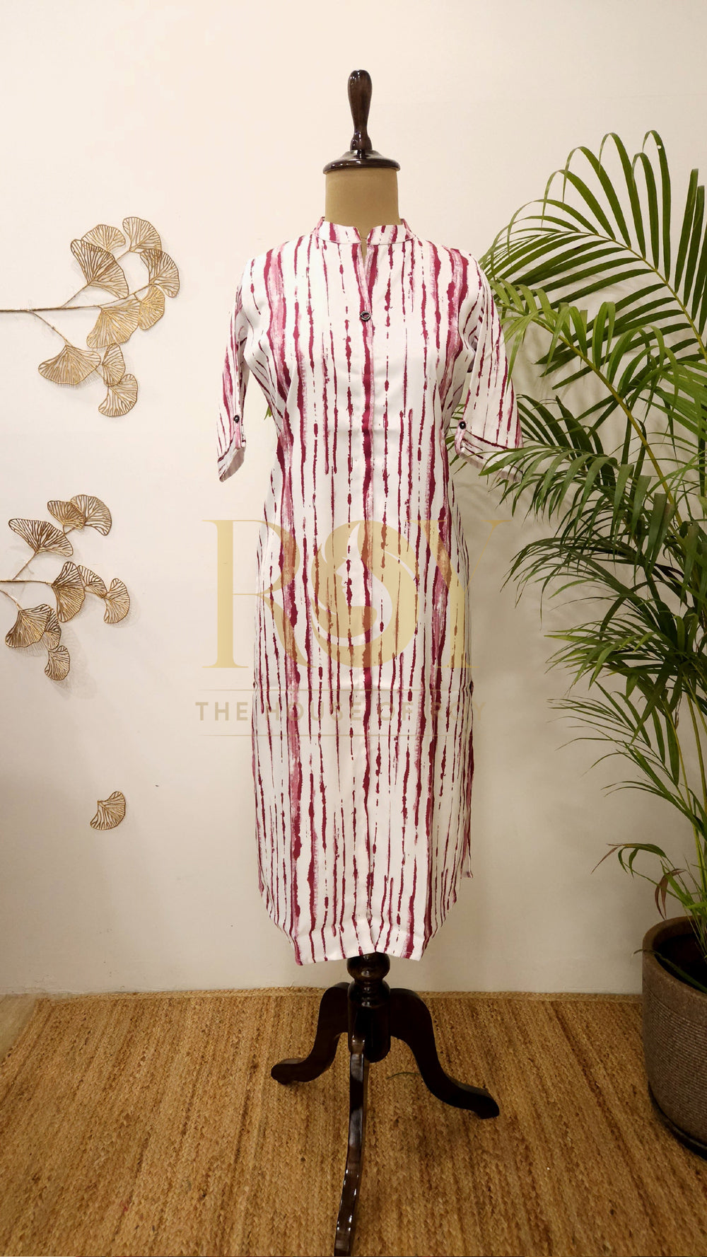 White Burgundy Stripes Casual Kurti