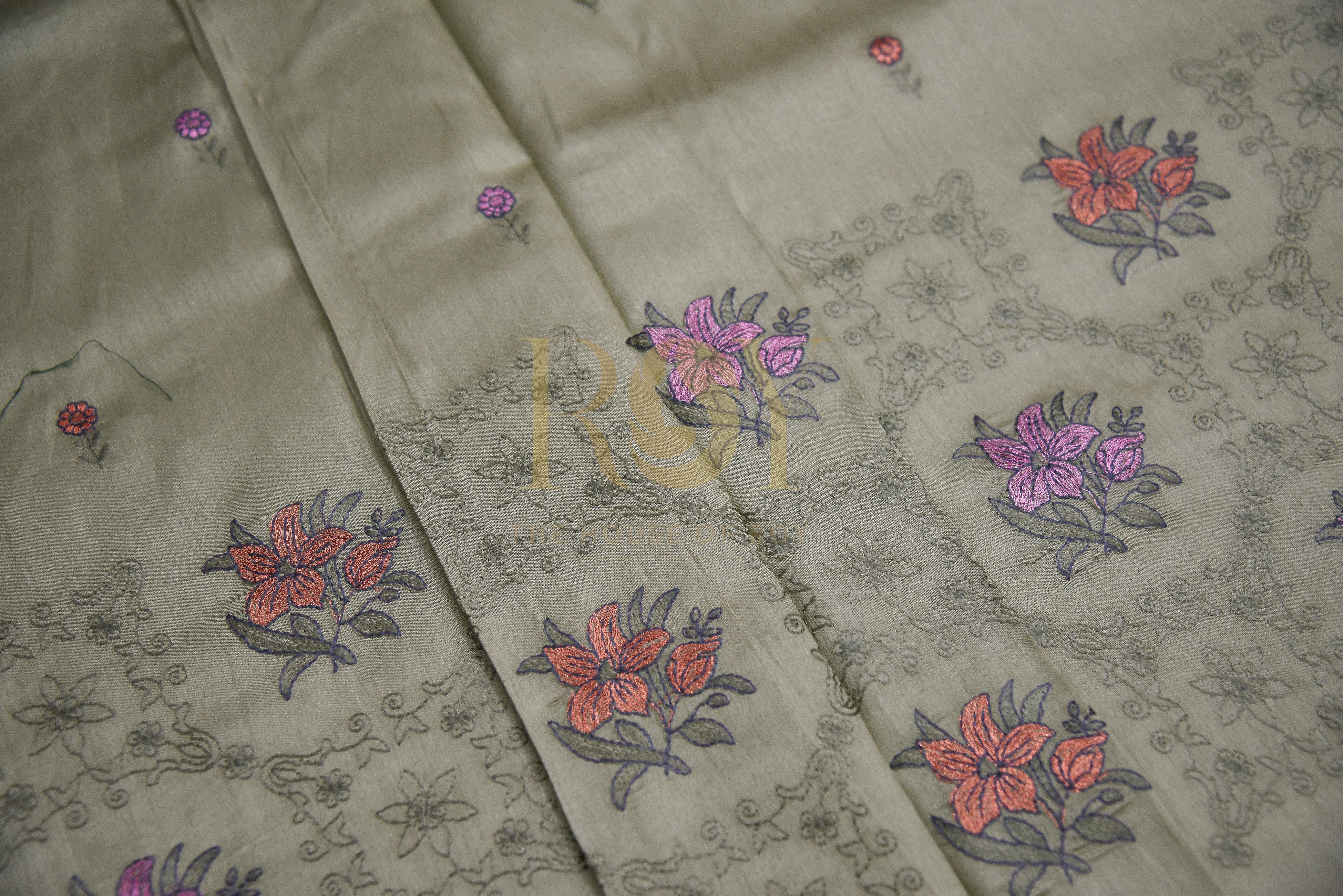 Pastel Green Embroidery Mix Tussar Saree