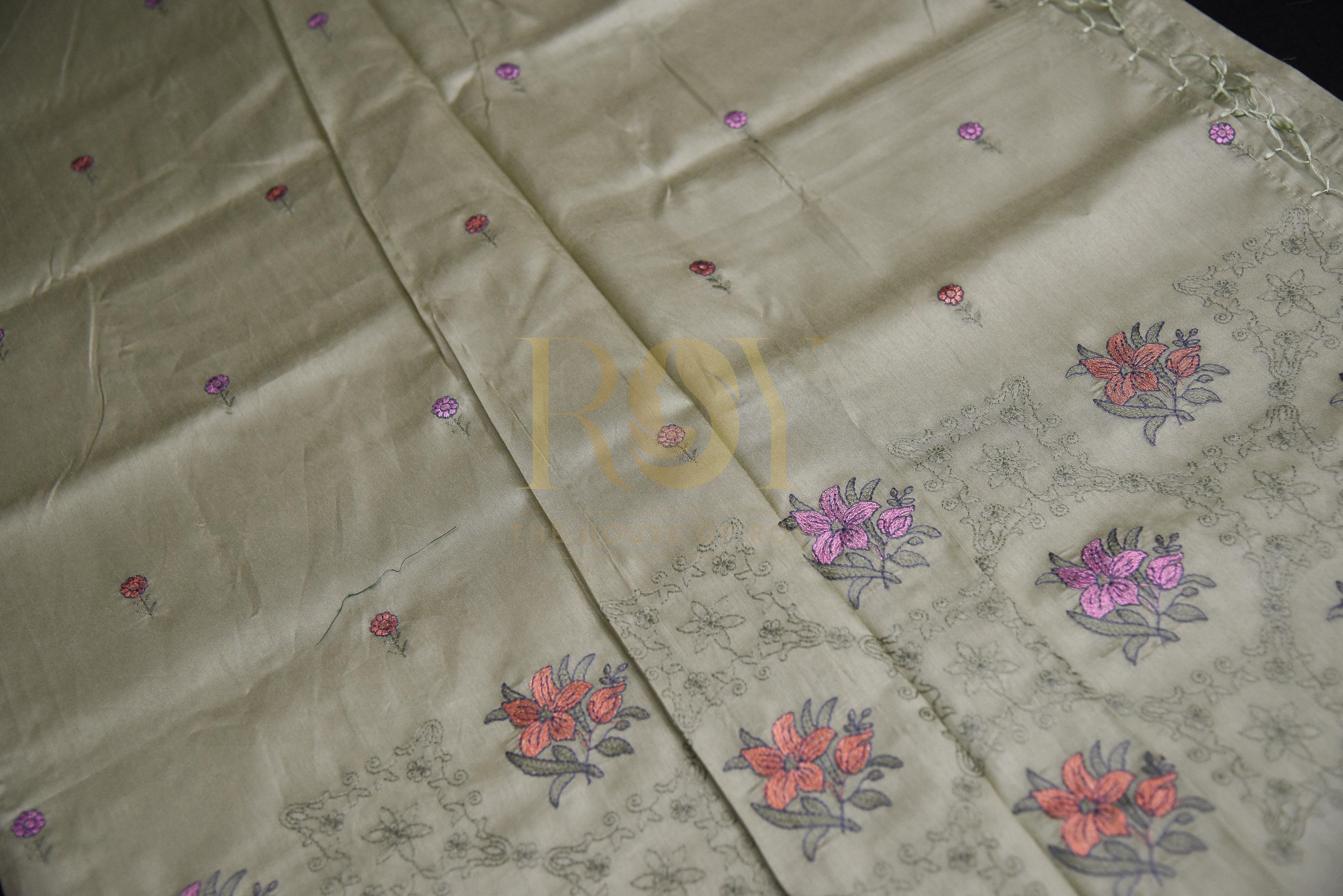 Pastel Green Embroidery Mix Tussar Saree