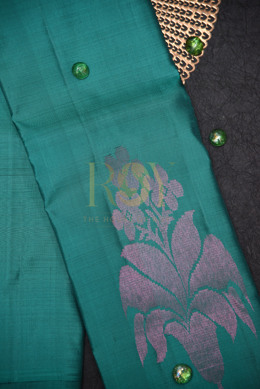 Dark Green Borderless Kanchipuram Silk Saree with Pink Zari Peacock Motif