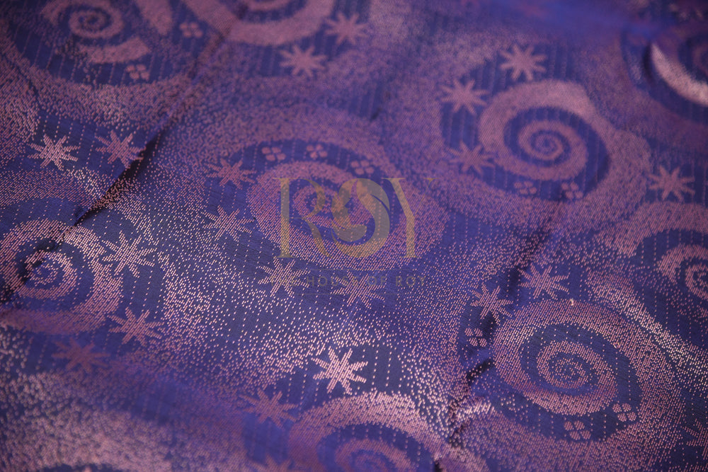 Pure Kancheepuram Silk Saree – Navy Blue Zari Pallu & Pink Leaf Motifs
