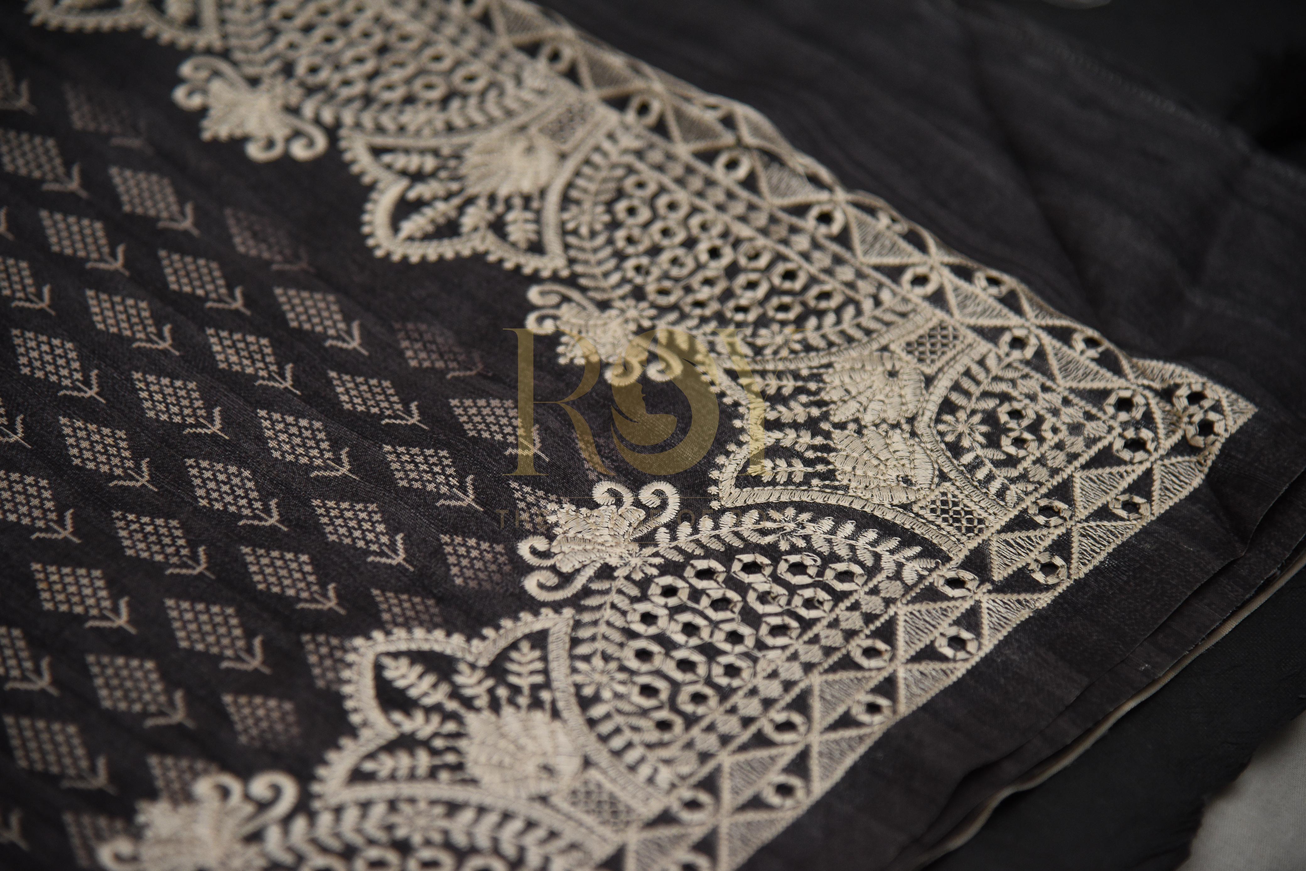 Black Viscose Dola Saree with Embroidered Border
